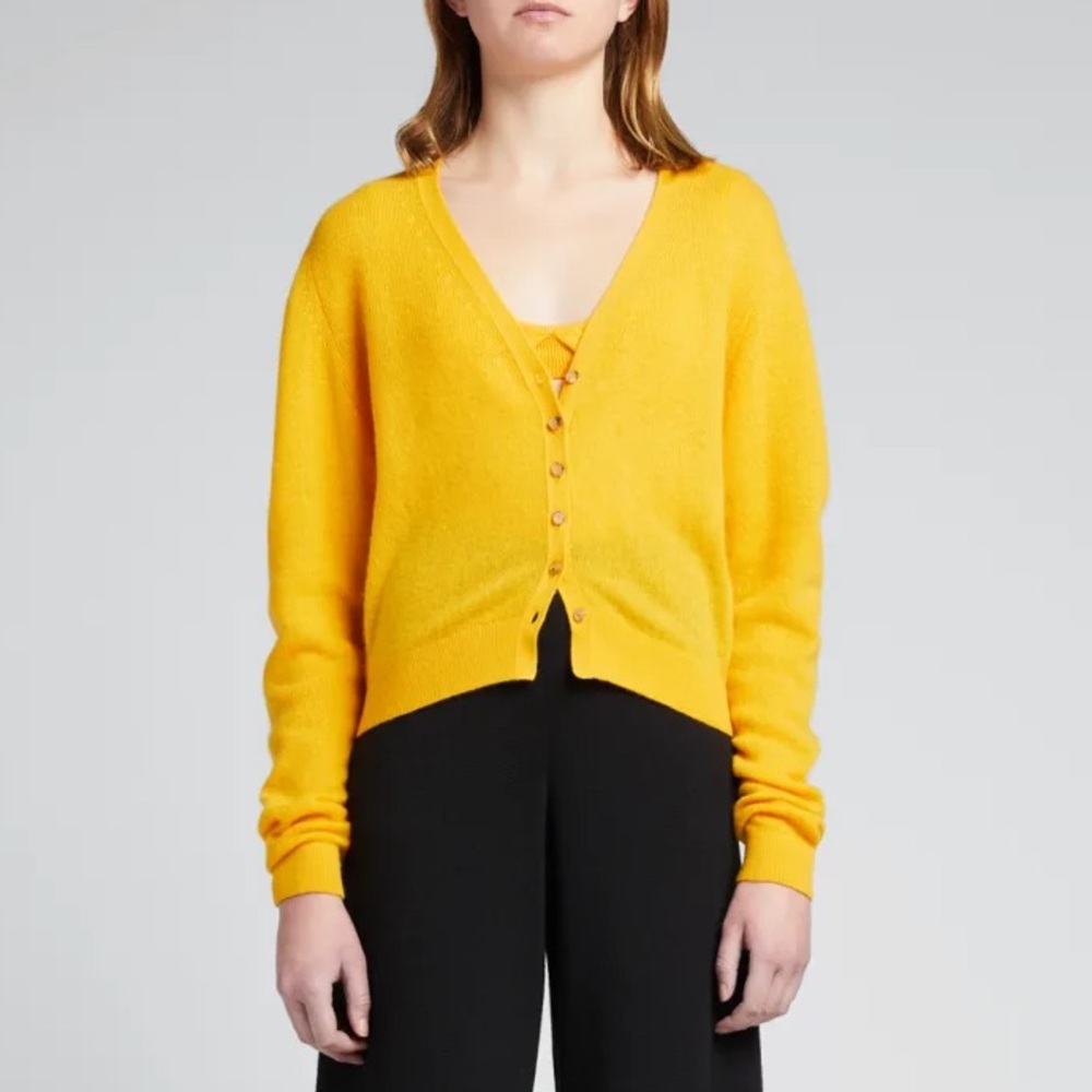 KHAITE The Grace Cashmere Cardigan in Joy (Yellow Orange) Relaxed Fit V-Neck, XS